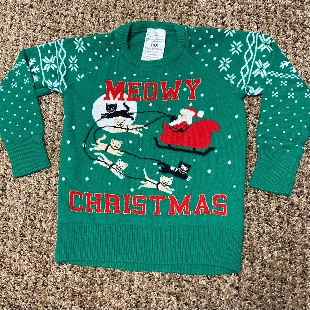 Baby Toddler Cute Ugly Christmas Sweater Kitten Reindeer 18 months 100% Cotton